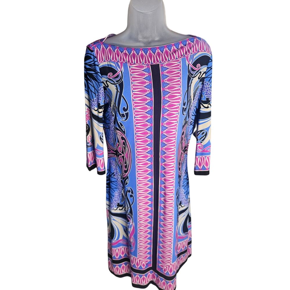 Donna Morgan Paisley Shift Dress Sz 4 Blue/Pink Stretchy 3/4 Sleeves Boat Neck - Picture 2 of 5